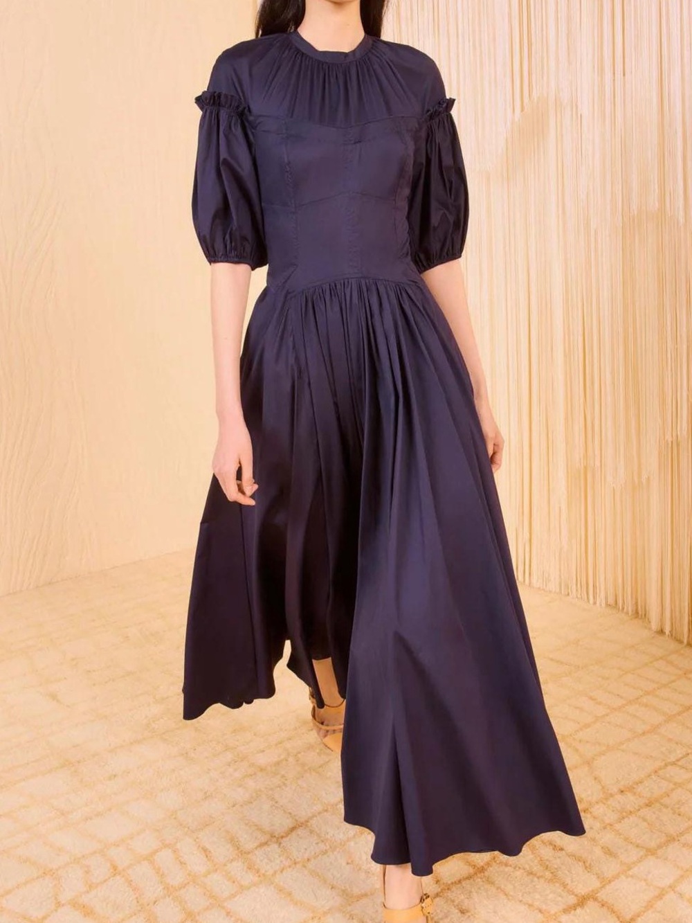 NWOT Ulla Johnson Navy Puff-Sleeve Midi Dress, Size US 2/4/6/8